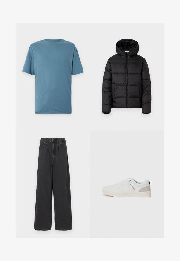 Casaco puffer preto com capuz, apresentando painéis acolchoados horizontais, fecho com zíper na frente e uma textura suave e brilhante.; T-shirt de manga curta azul claro, feita de tecido macio. Apresenta um decote redondo e um corte descontraído, sem padrões ou adornos.; Calças de ganga pretas de perna larga e cintura alta, com fecho frontal de botão e zipper, apresentando bolsos laterais e uma textura suave.; Sapatilhas casuais brancas com um design perfurado e detalhes em cinza claro, apresentando atacadores e uma marcação lateral, exibidas sobre um fundo simples.