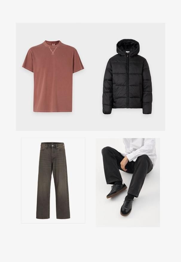 Melnā pūkainā jaka ar kapuci, ar horizontāliem quiltotiem paneļiem, ar rāvējslēdzēju priekšpusē un gludu, spīguļojošu tekstūru.; Īsām piedurknēm T-krekls putekļaino rozā krāsā, izgatavots no maiga kokvilnas, ar apaļu kakla izgriezumu un nemanāmu logo uz krūtīm.; Platas kājas džinsi tumši pelēkā denima, ar augstu jostasvietu, klasisku piecu kabatu dizainu un kontrastējošām šuvēm.; Melnas sporta kurpes ar gludu un teksturētu virsu, apgādātas ar gumijas zoli un tumšiem auklām. Saskaņotas ar melniem džinsiem un baltu svītrainu krekls.