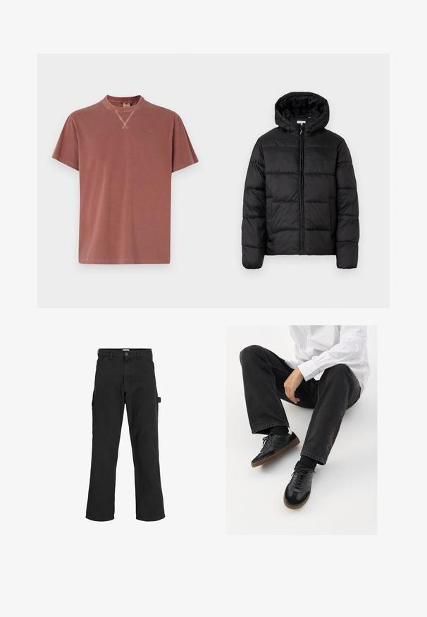 Fekete puffermellény kapucnival, vízszintes steppelésekkel, cipzáros elülső záródással és sima, fényes felülettel.; Rövid ujjú póló poros rózsaszín színben, puha pamutból készült, kerek nyakkal és diszkrét logóval a mellkason.; Fekete cargo nadrág pamut keverékből készült. Széles lábakkal, elöl ferdén zsebekkel és egy oldalsó zsebbel rendelkezik, amelyen egy hurok található kiegészítők számára.; Fekete tornacipők sima és texturált felsőrészel, gumitalppal és sötét cipőfűzőkkel. Fekete farmernadrággal és fehér csíkos inggel párosítva.