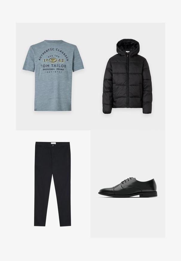 Melnā pūkainā jaka ar kapuci, ar horizontāliem quiltotiem paneļiem, ar rāvējslēdzēju priekšpusē un gludu, spīguļojošu tekstūru.; Gaiši zila kokvilnas T-krekls ar apaļu kakla izgriezumu, īsām piedurknēm, ar drukātu tekstu tumši zilā un dzeltenā krāsā, tostarp zīmola nosaukums un gads.; Melni bikses ar taisnām kājām, izgatavotas no kokvilnas auduma. Satur divas priekšējās kabatas un pogu aizdari viduklī.; Melnas ādas vadmalas kurpes ar noapaļotu purngalu, saistījuma dizains, smalkas izšuvumu detaļas un zema papēža. Gluda tekstūra ar spīdīgu apdari.