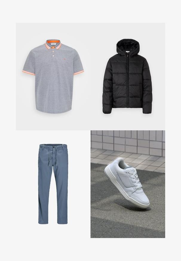 Sort pufferjakke med hætte, med vandrette quiltede paneler, lynlåslukning foran og en glat, skinnende tekstur.; Grå polo skjorte lavet af bomuld med en struktureret overflade, med orange detaljer på kraven og ærmerne. Tre knaplukning.; Blå, letvægts bomuldsbukser med drawstring talje, knaplukning og sidelommer. Lige ben design uden synlige mønstre.; Hvide lædersneakers med perforerede sider, teksturerede detaljer, flade snørebånd og en kontrasterende grå hæl. Har en let forhøjet sål.