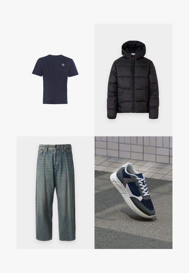 Black puffer jacket with a hood, featuring horizontal quilted panels, zip front closure, and a smooth, shiny texture.; Navy blue short-sleeve T-shirt with small white interlocking circle logo on left chest against white background.; Light blue denim jeans with a loose fit, mid-rise waist, and straight legs. Features five pockets, belt loops, and a button closure.; Sneaker featuring a navy blue mesh upper, gray suede accents, white rubber sole, and flat white laces, designed for comfort and breathability.