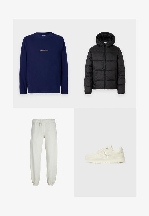 Svart dunjacka med huva, med horisontella quiltade paneler, dragkedja fram och en slät, glänsande yta.; Mörkblå långärmad skjorta med "Originals Studio" broderat i guld på bröstet, presenterad mot en enkel vit bakgrund.; Vita sweatpants gjorda av mjukt tyg, med elastisk midja och muddar, samt en slät textur och lös passform.; Krämfärgad sneaker med perforerade detaljer, snören och logotyp på sidan, visad mot en enkel vit bakgrund.