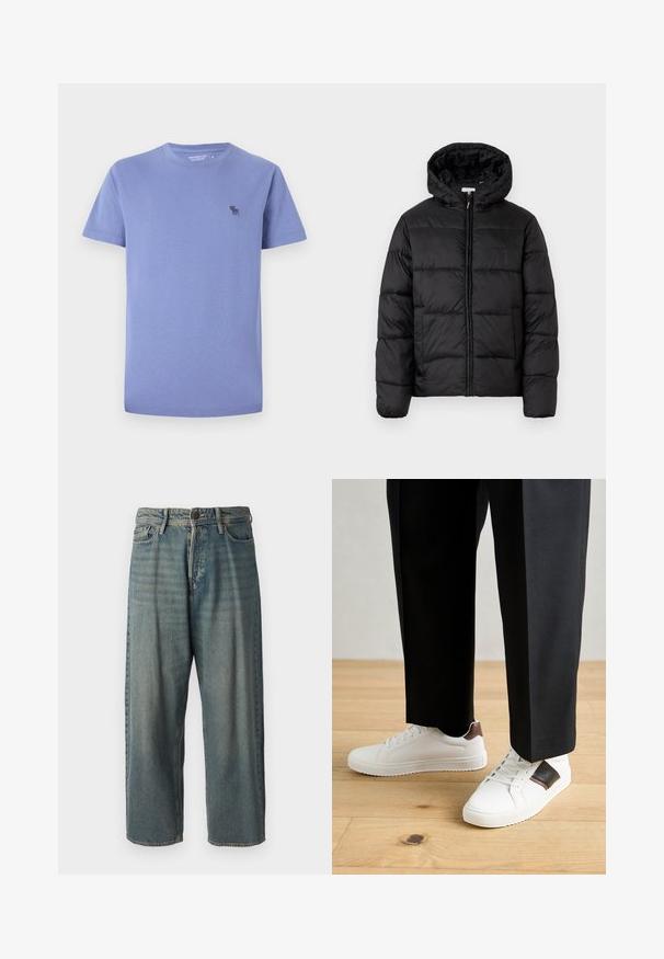 Juodas pūkinis švarkas su kapišonu, su horizontaliai siuvinėtais audinio ruožais, priekyje užsegamas užtrauktuku ir turintis lygią, blizgią tekstūrą.; Šviesiai levandų spalvos medvilninė marškinėliai, su apvalia iškirpte, trumpomis rankovėmis, su mažai siuvinėtu logotipu tamsesnėje spalvoje kairėje krūtinės pusėje.; Šviesiai mėlyni džinsai su laisvu siluetu, vidutinio aukščio juosmeniu ir tiesiomis kojomis. Su penkiais kišenėmis, diržo kilpo ir mygtukų uždarymu.; Balti sportbačiai su glotnia danga, puošti rudais odiniais akcentais ir juodais detalėmis, derinami su juodais pritaikytais kelnėmis. Medinių grindų fonas.