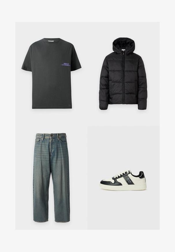Casaco puffer preto com capuz, apresentando painéis acolchoados horizontais, fecho com zíper na frente e uma textura suave e brilhante.; T-shirt de algodão cinza escuro com decote redondo. Apresenta uma pequena impressão roxa no lado esquerdo do peito com a inscrição "REPLAY". Mangas curtas e retas.; Jeans de ganga azul claro com um corte solto, cintura média e pernas retas. Apresenta cinco bolsos, passadores de cinto e fecho com botão.; Ténis de couro com um esquema de cores em preto e creme, apresentando detalhes perfurados, um colarinho acolchoado e uma sola texturizada.