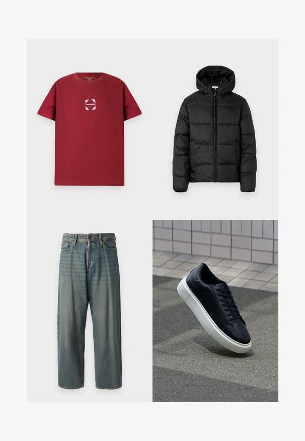 Mustapukuinen puhvijakku, jossa on huppu, vaakasuorat tikatut paneelit, vetoketjukiinnitys ja sileä, kiiltävä pinta.; Maroon cotton t-paita lyhyillä hihoilla, jossa on edessä valkoinen graafinen ympyräkuvio, jossa lukee "ORIGINALS" ja lehtikoristelu.; Vaaleansiniset farkut, joissa on väljä istuvuus, keskikorkea vyötärö ja suorat lahkeet. Ominaisuuksiin kuuluvat viisi taskua, vyölenkit ja nappisulku.; Mustat nahkakengät, joissa on pyöristetty kärki ja valkoinen kumipohja. Varusteena litteät nauhat ja minimaalinen ommel ylhäällä. Teksturoitu pohja pitävyyden lisäämiseksi.