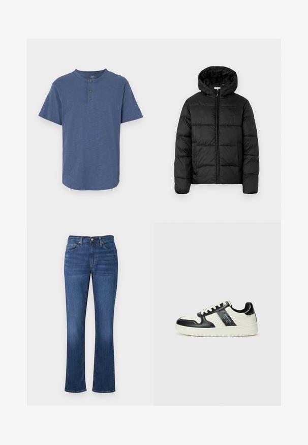 Juodas pūkinis švarkas su kapišonu, su horizontaliai siuvinėtais audinio ruožais, priekyje užsegamas užtrauktuku ir turintis lygią, blizgią tekstūrą.; Trumpas rankovės marškinėlių, pagamintų iš švelnios mėlynos medžiagos, su apvalia iškirpte ir trimis rudais mygtukais ant apykaklės, su tiesia apačia.; Mėlynos džinsinės kelnės su vidutinio mėlynumo ūkiu, turinčios prisitaikantį liemenį, iššokusias kojas, penkis kišenes ir subtilų kontrastinį siuvinėjimą.; Odiniai sportbačiai juodos ir kreminės spalvų schemoje, su perforuotais akcentais, paminkštinta apykakle ir tekstūruotu padu.