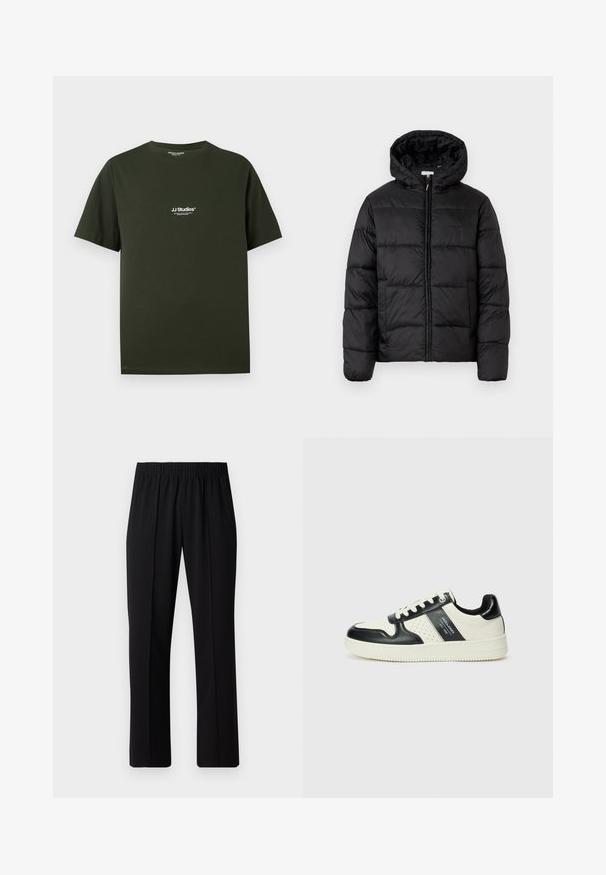 Fekete puffermellény kapucnival, vízszintes steppelésekkel, cipzáros elülső záródással és sima, fényes felülettel.; Sötétzöld pamut póló, kerek nyakkivágással és rövid ujjakkal, fehér nyomott "JJ Studios" logóval a bal mellen.; Fekete, gumíros derekú nadrág egyenes szabással, sima felülettel, látható minták vagy fémrészek nélkül.; Fekete és krém színű bőrsneaker, perforált díszítésekkel, párnázott bokapánttal és texturált talppal.