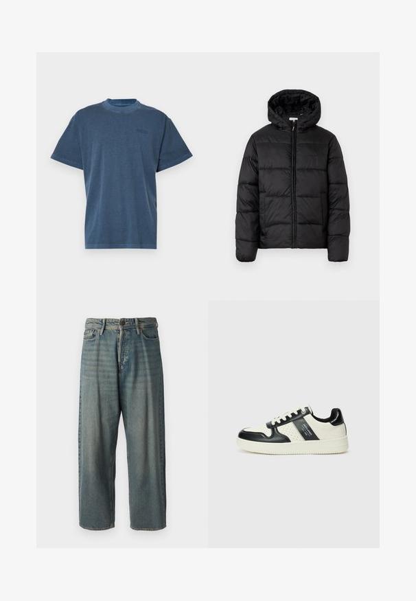 Melnā pūkainā jaka ar kapuci, ar horizontāliem quiltotiem paneļiem, ar rāvējslēdzēju priekšpusē un gludu, spīguļojošu tekstūru.; Zila kokvilnas T-kreklā ar apaļu kaklu, īsām piedurknēm un mazu logotipu uz krūtīm. Tam ir brīvs piegriezums un gluda tekstūra.; Gaiši zili džinsi ar brīvu piegriezumu, vidējo jostas augstumu un taisnām kājām. Satur piecas kabatas, jostas cilpas un pogu aizdari.; Ādas sporta apavi ar melnbaltu krāsu shēmu, ar perforētiem akcentiem, mīkstinātu apkakli un teksturētu zoli.