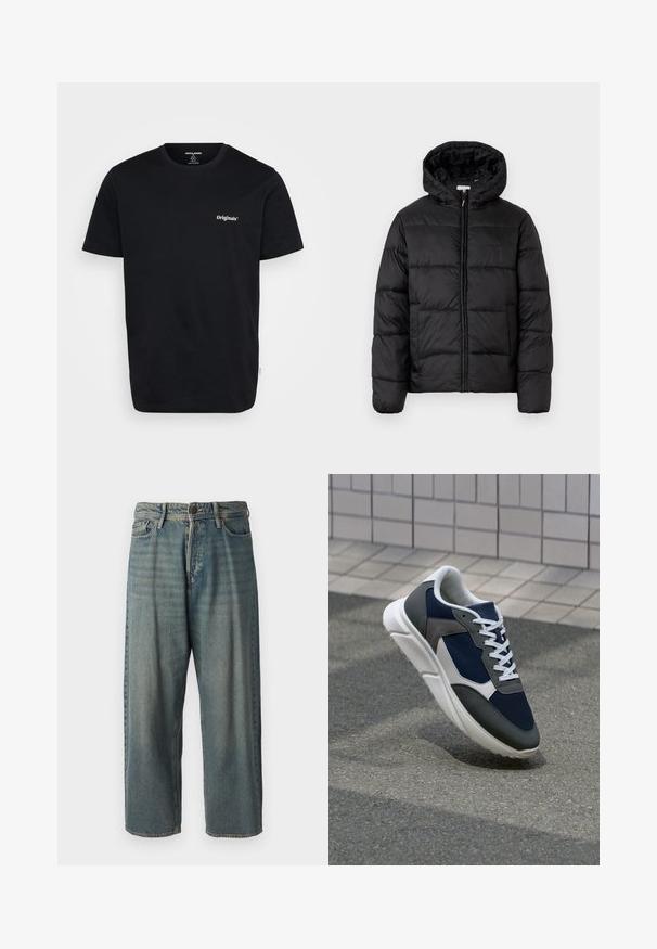 Casaco puffer preto com capuz, apresentando painéis acolchoados horizontais, fecho com zíper na frente e uma textura suave e brilhante.; T-shirt de algodão preto com mangas curtas, decote redondo e logótipo branco "Originals" no peito. Textura suave, ajuste regular.; Jeans de ganga azul claro com um corte solto, cintura média e pernas retas. Apresenta cinco bolsos, passadores de cinto e fecho com botão.; Sapatilha com parte superior em malha azul-marinho, detalhes em camurça cinza, sola de borracha branca e atacadores brancos planos, projetada para conforto e respirabilidade.