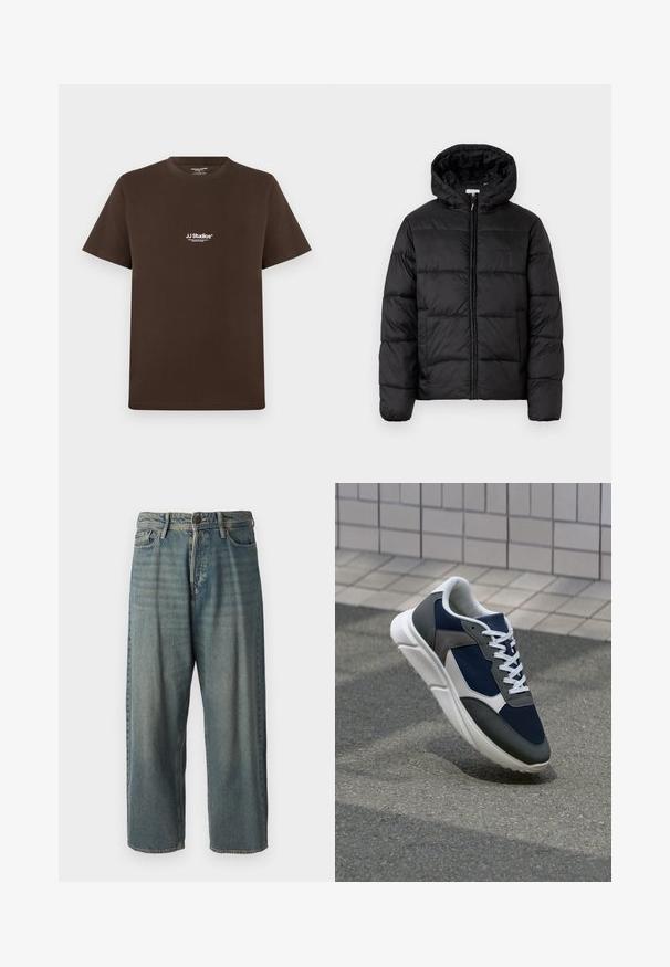 Fekete puffermellény kapucnival, vízszintes steppelésekkel, cipzáros elülső záródással és sima, fényes felülettel.; Barna pamut póló rövid ujjakkal, kerek nyakkal és egy kis fehér logóval a mellkasán. Sima textúrájú és normális fazonú.; Világoskék farmernadrág, laza fazonnal, közepes derékbőséggel és egyenes szárral. Öt zsebet, övbucskát és gombos záródást tartalmaz.; Cipő, amelynek sötétkék hálós felsőrésze, szürke velúr díszítései, fehér gumitalpa és lapos fehér fűzője van, a kényelem és a légáteresztő képesség érdekében tervezve.