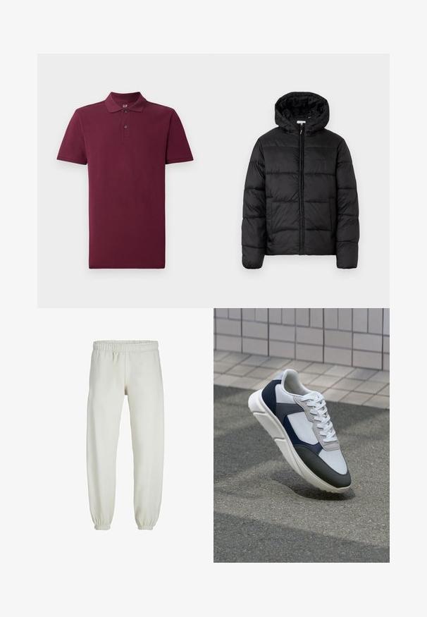 Črna pufasta bunda s kapuco, ki ima vodoravne prešite plošče, sprednje zapiranje na zadrgo in gladko, sijočo teksturo.; Burgundska kratka polo majica iz bombaža, z značilnim ovratnikom, dvema gumboma in rebrastimi manšetami. Gladka tekstura.; Bele trenerke narejene iz mehkega blaga, z elastičnim pasom in manšetami, gladke teksture in ohlapnega kroja.; Bela, mornarsko modra in siva športna obutev z mešano materialno zasnovo, ki vključuje teksturirano zgornji del, ravne vezalke in oblazinjen podplat.