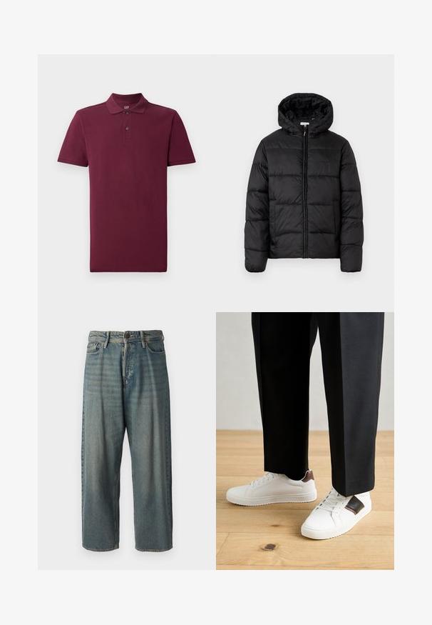 Svart puffjakke med hette, med horisontale quiltpaneler, glidelås foran og en glatt, shiny tekstur.; Bordeaux kortermet polo skjorte laget av bomull, med klassisk krage, to knappelukkinger og ribbestrikkede mansjetter. Glatt tekstur.; Lyseblå denimjeans med løs passform, midjehøyde og rette ben. Har fem lommer, beltehemper og knappelukking.; Hvite sneakers med glatt tekstur, med brune skinnakenter og svart detaljer, parret med svarte skreddersydde bukser. Bakgrunn med tregulv.