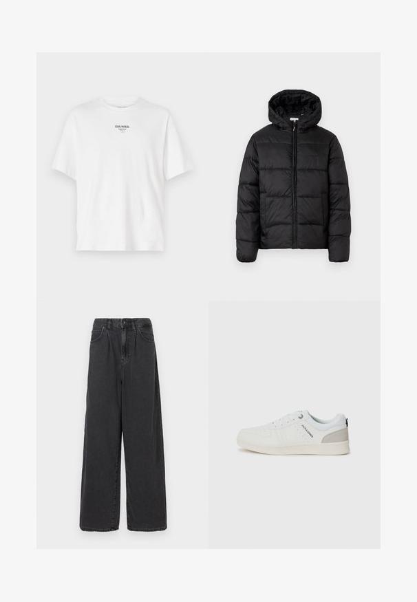 Black puffer jacket with a hood, featuring horizontal quilted panels, zip front closure, and a smooth, shiny texture.; White cotton t-shirt with a crew neckline, short sleeves, and a printed logo reading "ESS.WRD." on the chest, minimal design.; Wide-leg, high-waisted black denim pants with a front button and zipper closure, featuring side pockets and a smooth texture.; White casual sneakers with a perforated design and light gray accents, featuring laces and branding on the side, displayed on a plain background.