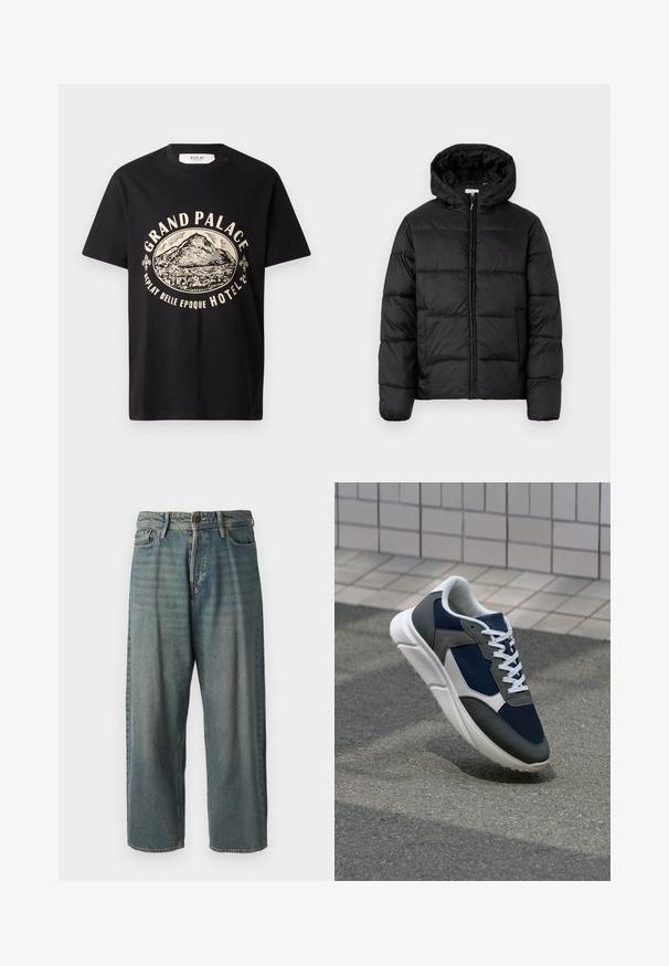 Μαύρο μπουφάν με κουκούλα, με οριζόντια καπιτονέ πάνελ, κλείσιμο με φερμουάρ μπροστά και λεία, γυαλιστερή υφή.; Μαύρη βαμβακερή μπλούζα με γραφικό εκτύπωμα σε μπεζ που απεικονίζει ένα βουνό και κείμενο που αναγράφει "Grand Palace Replay Belle Epoque Hotel". Απλή σχεδίαση με στρογγυλή λαιμόκοψη.; Ανοιχτό μπλε τζιν παντελόνι με χαλαρή γραμμή, μέση μέσου ύψους και ευθείες γραμμές. Περιλαμβάνει πέντε τσέπες, θηλιές ζώνης και κούμπωμα με κουμπί.; Αθλητικά παπούτσια με επάνω μέρος από ναυτικό μπλε διχτυωτό ύφασμα, γκρι σουέτ λεπτομέρειες, λευκή καουτσούκ σόλα και επίπεδα λευκά κορδόνια, σχεδιασμένα για άνεση και αερισμό.