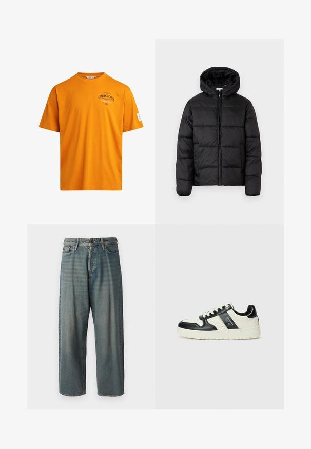 Black puffer jacket with a hood, featuring horizontal quilted panels, zip front closure, and a smooth, shiny texture.; Orange cotton t-shirt with short sleeves, round neck, and printed text. Features a tag on the left sleeve and a straight hemline.; Light blue denim jeans with a loose fit, mid-rise waist, and straight legs. Features five pockets, belt loops, and a button closure.; Leather sneakers with a black and cream color scheme, featuring perforated accents, a padded collar, and a textured outsole.