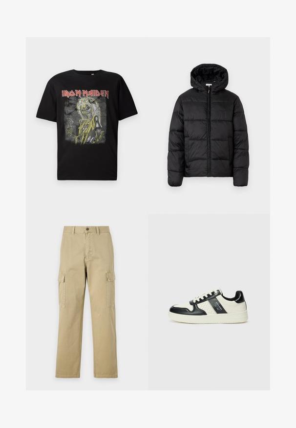 Casaco puffer preto com capuz, apresentando painéis acolchoados horizontais, fecho com zíper na frente e uma textura suave e brilhante.; T-shirt de algodão preto com um design gráfico de uma figura esquelética com acentos amarelos e o texto "Iron Maiden" em vermelho, com decote redondo.; Calças cargo bege feitas de algodão, com dois bolsos laterais, fecho de botão e pernas retas com um tecido ligeiramente texturizado.; Ténis de couro com um esquema de cores em preto e creme, apresentando detalhes perfurados, um colarinho acolchoado e uma sola texturizada.