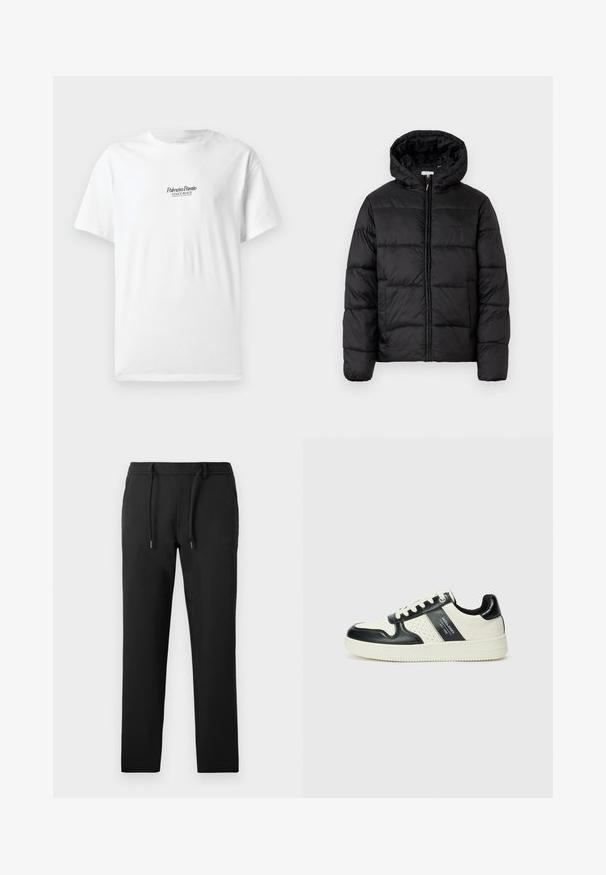 Musternaturmustar coat mustelhoovaga, hrisontaalsete tikandi paneelidega, tõmbluku ees sulgemisega ja sujuva, läikiva tekstuuriga.; Valge puuvillane T-särk lühikeste varrukatega, mille esiküljel on musta skripti kirjas tekst "Palmiera Pantó" ja "VENICE BEACH".; Mustad püksid, millel on õhuke lõige, valminud pehmest kangast, varustatud paeltega vöökohaga, küljetaskutega ja siledast viimistlusest.; Nahatud nahkkingad musta ja kreemi värviskeemiga, millel on perforeeritud aktsendid, pehme krae ja tekstureeritud tallad.