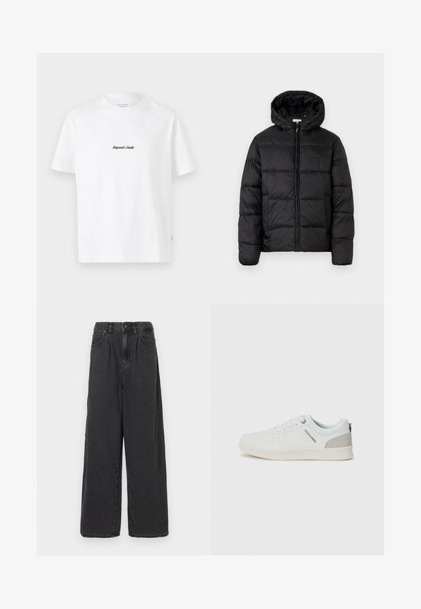 Svart puffjakke med hette, med horisontale quiltpaneler, glidelås foran og en glatt, shiny tekstur.; Hvit bomulls T-skjorte med korte ermer, med en liten svart "Originals Studio" logo på brystet og en teksturert etikett på kanten.; Bredde ben, høy midje svarte dongeri bukser med knapp og glidelås foran, med sidelommer og en glatt tekstur.; Hvite, avslappede joggesko med et perforert design og lyse grå detaljer, med snøring og merkevare på siden, vist på en enkel bakgrunn.