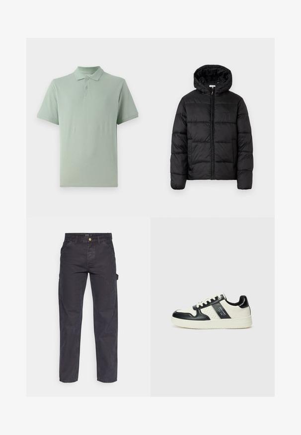 Czarna kurtka puchowa z kapturem, z poziomymi pikowanymi panelami, zapinana na zamek błyskawiczny z przodu i o gładkiej, błyszczącej fakturze.; Jasnozielona koszulka polo wykonana z bawełny, z klasycznym kołnierzykiem, zapięciem na dwa guziki oraz krótkimi rękawami z delikatnym detalem logo.; Ciemnoszare spodnie cargo wykonane z trwałej tkaniny, z prostymi nogawkami, pięcioma kieszeniami i zapięciem na guzik w talii.; Skórzane sneakersy w czarno-kremowym schemacie kolorystycznym, z perforowanymi akcentami, wyściełanym kołnierzem i teksturowaną podeszwą.