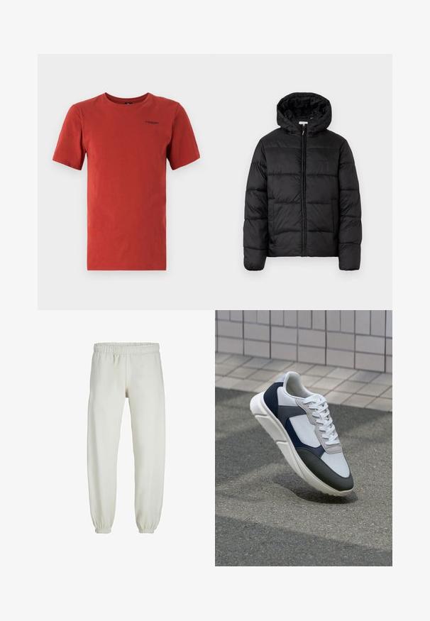 Čierna prešívaná bunda s kapucňou, s horizontálnymi prešívanými panelmi, so zipsom vpredu a hladkou, lesklou textúrou.; G-STAR BASE - Základné tričko - rusty red; Biele teplákové nohavice vyrobené z mäkkej textílie, s elastickým pásom a manžetami, s hladkým povrchom a voľným strihom.; Biele, námornícke a šedé tenisky s kombinovaným materiálom, so štruktúrovaným zvrškom, plochými šnúrkami a polstrovanou podošvou.