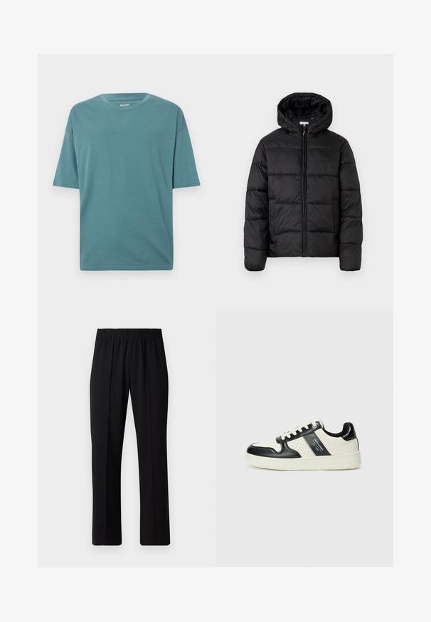 Juodas pūkinis švarkas su kapišonu, su horizontaliai siuvinėtais audinio ruožais, priekyje užsegamas užtrauktuku ir turintis lygią, blizgią tekstūrą.; Mėlynas medvilninis marškinėliai su apvalia iškirpte ir trumpomis rankovėmis. Kasdienis siluetas su tekstūruota paviršiumi, be matomų raštų ar akcentų.; Juodos, elastingos juosmens kelnės su tiesiomis kojomis, turinčios lygų paviršių ir be matomų raštų ar detalių.; Odiniai sportbačiai juodos ir kreminės spalvų schemoje, su perforuotais akcentais, paminkštinta apykakle ir tekstūruotu padu.