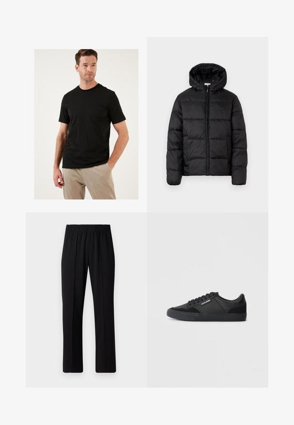 Fekete puffermellény kapucnival, vízszintes steppelésekkel, cipzáros elülső záródással és sima, fényes felülettel.; Fekete, rövid ujjú póló pamut anyagból, klasszikus kerek nyakkal. Sima textúrájú és testhezálló fazonú, világos színű nadrággal viselve.; Fekete, gumíros derekú nadrág egyenes szabással, sima felülettel, látható minták vagy fémrészek nélkül.; Fekete tornacipő, mely bőr és velúr anyagok keverékéből készült, kerek fűzőkkel, texturált gumitalppal, és egy márkázott logóval az oldalon.
