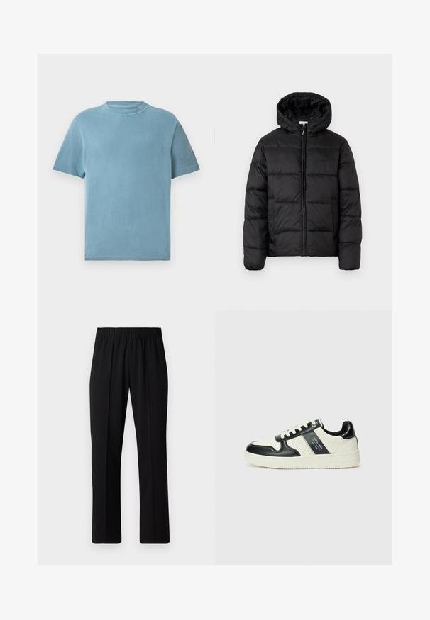 Giacca a vento nera con cappuccio, caratterizzata da pannelli trapuntati orizzontali, chiusura frontale con zip e una texture liscia e lucida.; T-shirt a maniche corte, con collo rotondo, in cotone azzurro chiaro. Il tessuto appare morbido, con una superficie liscia e dettagli di cucitura minimi.; Pantaloni neri con vita elasticizzata e design a gamba dritta, caratterizzati da una texture liscia e senza motivi o hardware visibili.; Sneakers in pelle con una combinazione di colori nero e crema, dotati di dettagli perforati, collare imbottito e suola testurizzata.