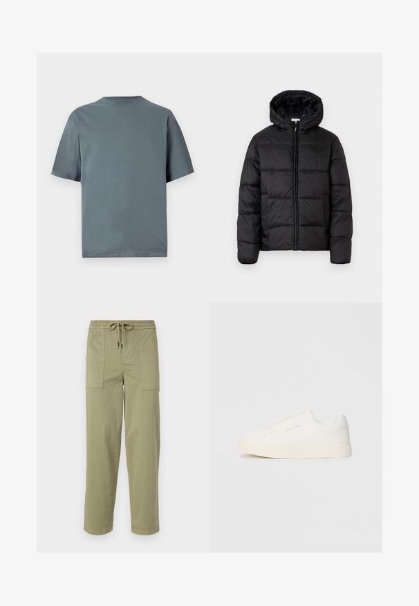 Juodas pūkinis švarkas su kapišonu, su horizontaliai siuvinėtais audinio ruožais, priekyje užsegamas užtrauktuku ir turintis lygią, blizgią tekstūrą.; Pilkos spalvos medvilnės marškinėliai trumpomis rankovėmis, apvalia iškirpte ir laisvu siluetu. Lygus paviršius, minimalus dizainas, be matomų raštų ar priedų.; Šviesiai alyvuogių žalios spalvos kelnės, pagamintos iš medvilnės mišinio, su elastingu liemeniu ir raišteliu, bei dviem didelėmis šoninėmis kišenėmis.; Baltos slip-on sportbačiai su tekstūruota paviršiumi, storesniu padu ir minimalistišku dizainu. Šone matosi prekės ženklo logotipas.