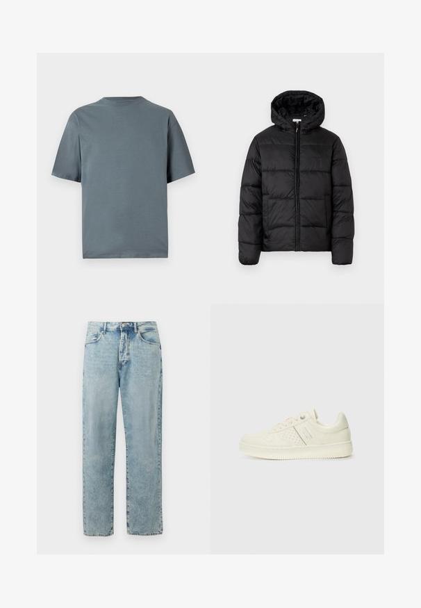 Musternaturmustar coat mustelhoovaga, hrisontaalsete tikandi paneelidega, tõmbluku ees sulgemisega ja sujuva, läikiva tekstuuriga.; Hallhalli puuvillane T-särk lühikeste varrukatega, ümar kaelus ja mugav lõige. Sile tekstuur, minimalistlik disain ja ilma nähtavate mustrite või detailideta.; Hele sinine sirge jala denimpüksid, millel on nööp ja luku sulgemine, ees olevad taskud ning õrn kulunud detailitus.; Koor valged tossud perforatsiooni detailide, nööpide ja külje logo ka, esitatud ühtlase valge tausta ees.