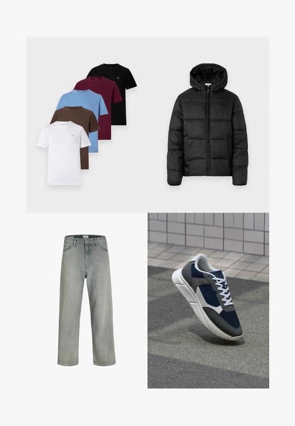 Črna pufasta bunda s kapuco, ki ima vodoravne prešite plošče, sprednje zapiranje na zadrgo in gladko, sijočo teksturo.; Pet kratek rokav t-shirtov v beli, rjavi, modri, burgundski in črni barvi. Bombažen material, okrogli ovratniki in majhni logotipi na vsakem.; Svetlo sivi, široki traperice iz denima. Ima klasični dizajn s pet džepova, petlje za remen i ravno krojenje.; Superge z zgornjim delom iz mrežaste tkanine v mornarsko modri barvi, sivi usnjeni poudarki, belo gumijasto podplato in ravnimi belimi vezalkami, zasnovane za udobje in zračnost.