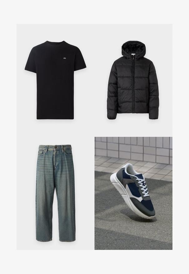 Czarna kurtka puchowa z kapturem, z poziomymi pikowanymi panelami, zapinana na zamek błyskawiczny z przodu i o gładkiej, błyszczącej fakturze.; Czarny bawełniany t-shirt z klasycznym okrągłym dekoltem, krótkimi rękawami oraz małym białym logo wyszytym na lewej piersi.; Jasnoniebieskie dżinsy o luźnym kroju, średnim stanie i prostych nogawkach. Posiadają pięć kieszeni, szlufki na pasek oraz zapięcie na guzik.; Sneakers z granatową siateczkową cholewką, szarymi zamszowymi akcentami, białą gumową podeszwą i płaskimi białymi sznurówkami, zaprojektowane z myślą o komforcie i wentylacji.