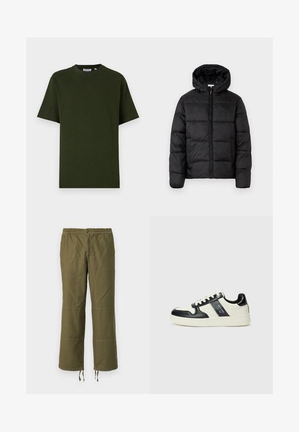 Melnā pūkainā jaka ar kapuci, ar horizontāliem quiltotiem paneļiem, ar rāvējslēdzēju priekšpusē un gludu, spīguļojošu tekstūru.; Tumši zaļš, īsām piedurknēm T-krekls, izgatavots no kokvilnas. Apaļš kakls, brīvs piegriezums un gluda tekstūra bez redzamām rakstām un akcentiem.; Olive zaļā krāsā, platu kāju bikses no kokvilnas ar elastīgu jostasvīru, pogu aizdari un kontrastējošām plākšņu detaļām uz ceļgaliem.; Ādas sporta apavi ar melnbaltu krāsu shēmu, ar perforētiem akcentiem, mīkstinātu apkakli un teksturētu zoli.