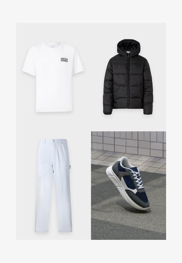 Giacca a vento nera con cappuccio, caratterizzata da pannelli trapuntati orizzontali, chiusura frontale con zip e una texture liscia e lucida.; T-shirt bianca in cotone, maniche corte, collo rotondo. Presenta un logo in testo nero "JACK & JONES" nell'area sinistra del petto. Design semplice e minimale.; Pantaloni a righe blu chiaro realizzati in cotone. Design a gamba dritta, con chiusura frontale a bottone e tasche laterali. Texture morbida.; Sneaker con tomaia in rete blu navy, inserti in suede grigio, suola in gomma bianca e lacci bianchi piatti, progettata per comfort e traspirabilità.