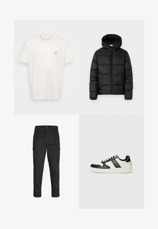 Jachetă puffer neagră cu glugă, cu panouri quilted orizontale, închidere prin fermoar și o textură netedă, lucioasă.; Tricou cu mânecă scurtă, guler rotund, din bumbac off-white. Prezintă o mică grafică cu soare pe pieptul stâng. Textură moale, croială lejeră.; Pantaloni cargo negri dintr-un material rezistent, cu multiple buzunare, închidere cu nasture și un design slim fit cu picioare conice.; Tenisi din piele cu un scheme de culori negru și crem, dotati cu accente perforate, guler căptușit și o talpă texturată.