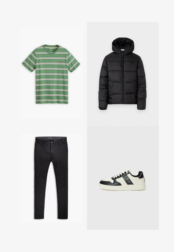 Mustapukuinen puhvijakku, jossa on huppu, vaakasuorat tikatut paneelit, vetoketjukiinnitys ja sileä, kiiltävä pinta.; Vihreä raidallinen t-paita, joka on valmistettu puuvillasta. Paita on varustettu vaakasuorilla valkoisilla, keltaisilla ja sinisillä raidoilla, ja rinnassa on pieni punainen Levi's-logo.; Musta puuvillainen chinos-housut tapered-fit -mallilla, viidellä taskulla, vyölenkeillä ja sileällä pinnalla. Vetoketjukiinnitys nappisuljennalla.; Nahkakengät musta-kerma värimaailmassa, joissa on rei'itetyt yksityiskohdat, pehmustettu nilkkaosa ja teksturoitu pohja.