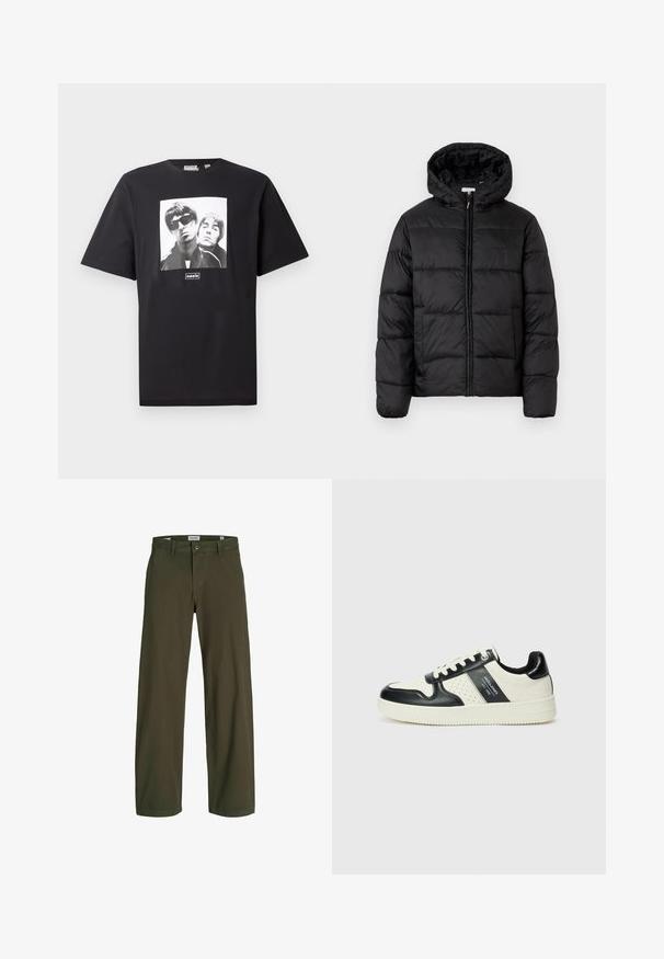 Črna pufasta bunda s kapuco, ki ima vodoravne prešite plošče, sprednje zapiranje na zadrgo in gladko, sijočo teksturo.; Črna bombažna majica s kratkimi rokavi, ki ima belo kvadratno grafiko dveh figur, pod sliko je napis "oasis". Ovratnik je krožen.; Oliveno zelene široke hlače iz bombaža. Imajo gumbasto zapiranje in zanke za pas. Gladka tekstura s klasičnim krojem in ravnimi nogavicami.; Usnjeni športni čevlji z črno in krem barvno shemo, ki vključujejo perforirane dodatke, podložen ovratnik in strukturirano podplat.
