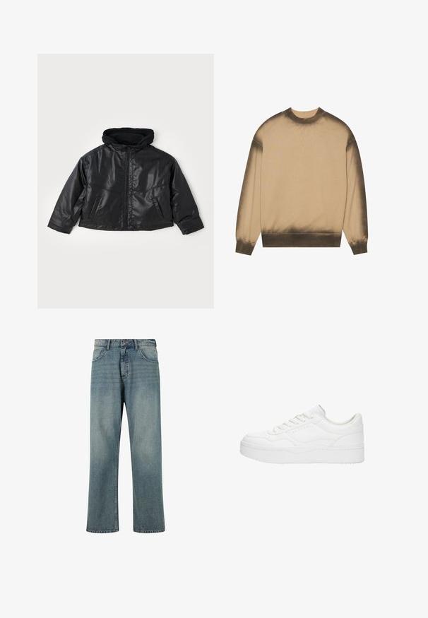 Musta nahkatakki, jossa on istuva huppu, edessä vetoketju ja kaksi sivutaskua. Ominaisuuksiin kuuluu kiiltävä pinta ja lyhyt muotoilu.; Beige huppari, jonka alaosa tummenee liukuvasti, pitkät hihat, resorit hihansuissa ja kauluksessa, sileä kangas.; Vaaleansiniset farkut suoran leikkauksen, viiden taskun muotoilun, kontrastivärisen ompelun ja klassisen vyötärön kanssa, jossa on nappisulku.; Valkoiset nauhalliset lenkkarit, joissa on sileä nahkapinta, pyöreä kärki, kohotettu pohja ja minimalistinen muotoilu. Sivussa on reikiä korostavia yksityiskohtia.