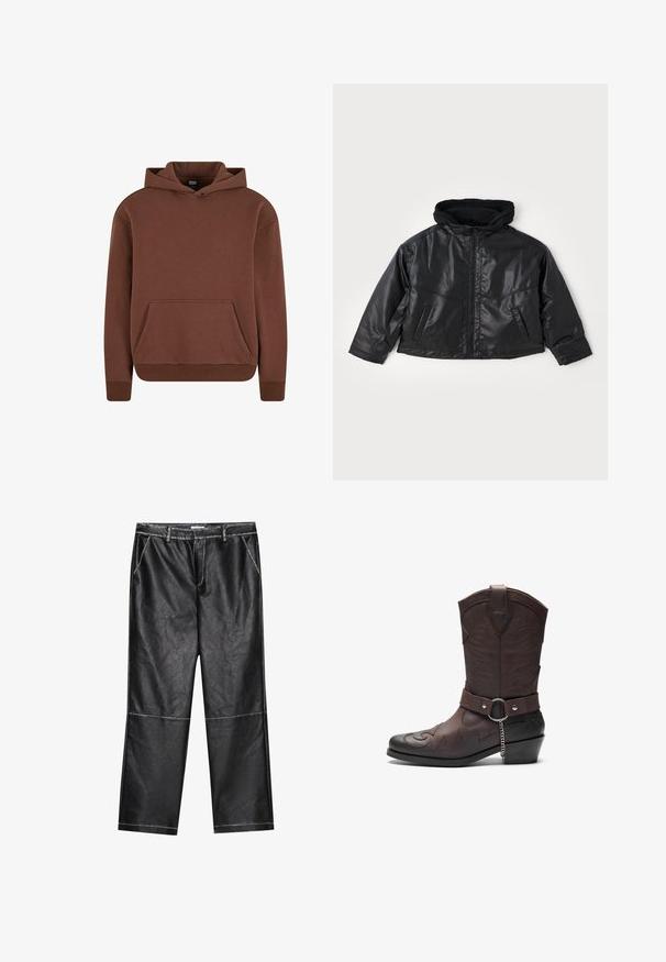 Giubbotto in pelle nera con cappuccio aderente, zip frontale e due tasche laterali. Presenta una finitura lucida e un design corto.; Felpa con cappuccio marrone realizzata in tessuto morbido, dotata di tasca a marsupio, polsini a costine e un design comodo.; Pantaloni in ecopelle nera, a gamba larga, con dettagli di cucitura e tasche frontali, dal texture liscia e leggermente riflettente.; Stivale da cowboy in pelle marrone con cuciture decorative, punta appuntita e tacco a blocco di medie altezze, dotato di una fascia e dettagli in catena.