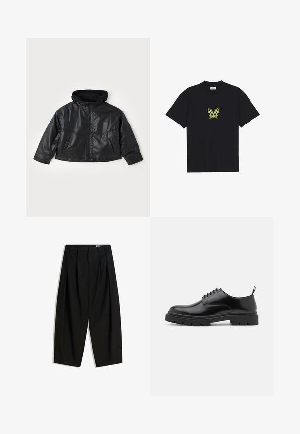 Svart läderjacka med en åtsittande huva, framdragkedja och två sidofickor. Har en glansig yta och en kort design.; Svart bomulls t-shirt med en liten, gul flammönstrad fjärilsgraphic på bröstet. Rundad halsringning, korta ärmar.; Svarta, hög midja-byxor med breda, korta ben, med veck framtill för extra textur och struktur.; Svarta läder snörskor med rundad tå, slät yta och ribbad gummisula. Har en liten klack och en dragflik på baksidan.