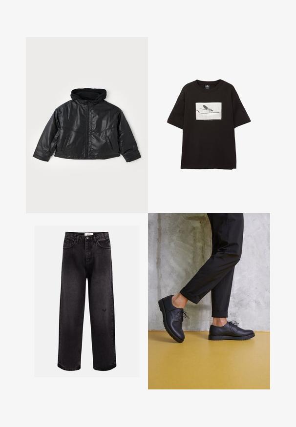 Črna usnjena jakna s prilegajočo kapuco, sprednjim zipperjem in dvema stranskima žepoma. Ima sijočo teksturo in skrajšan dizajn.; Črna bombažna majica s kratkimi rokavi, ki ima belo pravokotno grafiko muhe na tanki črti, minimalno blagovno znamko pod sliko.; Črne jeans hlače širokega kroja, ki imajo pet žepov, šivano pasnico in subtilno logotipno oznako blizu kolena.; Črne usnjene čevlje na vezalke z zaobljenim nosom, teksturirano površino in debelim gumijastim podplatom. Nosi se z zvitimi črnimi hlačami na betonski podlagi.