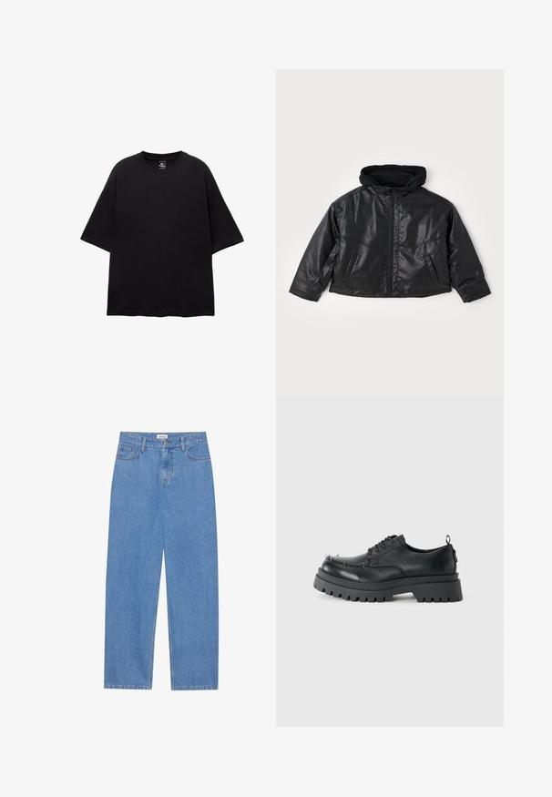 Sort læderjakke med en tætsiddende hætte, frontlynlås og to sidelommer. Har en blank overflade og cropped design.; Sort oversized t-shirt lavet af bomuld. Korte ærmer, rund hals og lige kant. Ingen mønstre eller dekorationer. Enkel og moderne design.; Lysblå denim jeans med lige pasform, femlommemodel, enkelt knaplukning og diskrete syninger på sømmene.; Sort chunky læder snørebåndssko med tykk sål og metaløjer omkring tåområdet, fotograferet mod en ensfarvet lys baggrund.