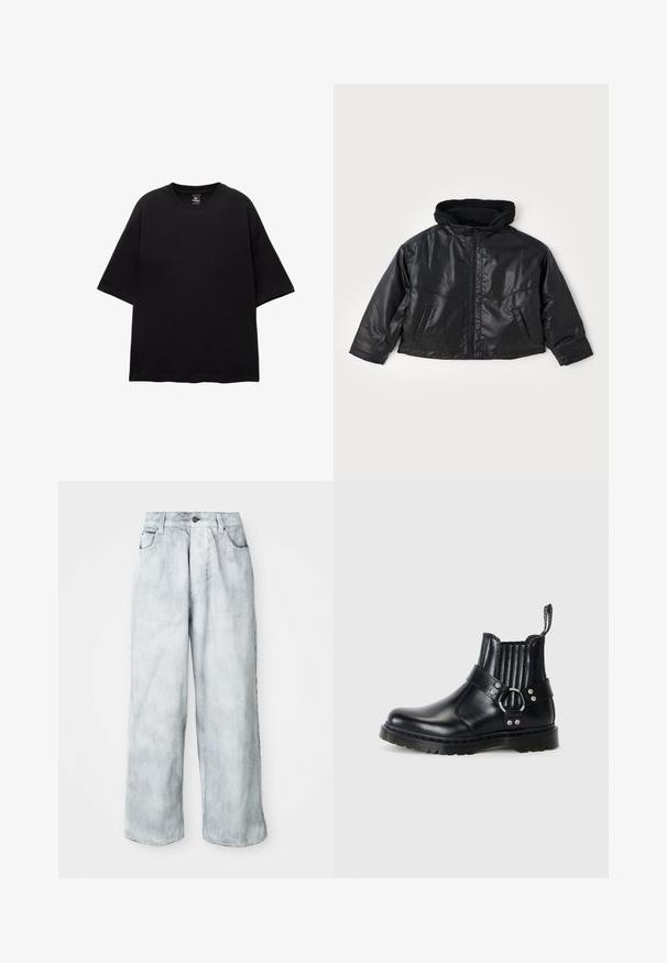 Čierna kožená bunda s priliehavou kapucňou, predným zipsom a dvoma bočnými vreckami. Má lesklú textúru a skrátený strih.; Čierne oversized tričko vyrobené z bavlny. Krátke rukávy, okrúhly výstrih a rovný lem. Žiadne vzory ani ozdoby. Jednoduchý a moderný dizajn.; Svetlé široké džínsy s vysokým pásom, predným zapínaním na gombík a zips, pútka na opasok a predné a zadné vrecká.; Čierne kožené členkové čižmy s rebrovanými elastickými stranami, kovovým prackovým detailom a textúrovanou podrážkou pre lepšiu priľnavosť.