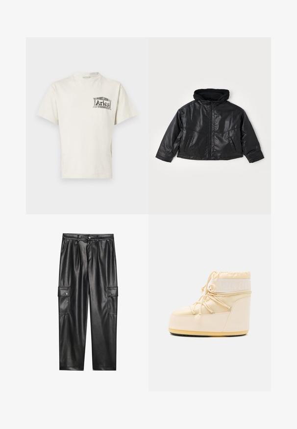 Sort læderjakke med en tætsiddende hætte, frontlynlås og to sidelommer. Har en blank overflade og cropped design.; Kortærmet T-shirt med rund hals i off-white bomuld med et sort grafisk print, der skriver "Aries" på venstre bryst.; Sorte faux læder cargo-bukser med høj talje, to sidelommer og to knaplukket cargo-lommer på lårene. Glat tekstur og skræddersyet design.; Lyse beige Moon Boot med rund tå, snørret lukning og tekstureret gummisål. Har hvid branding og glatte syntetiske materialer.