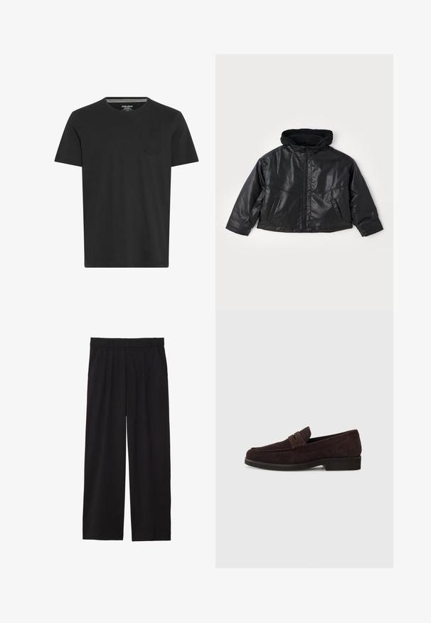 Juodas odinis švarkas su prigludusia kapuce, priekiniais užtrauktukais ir dviem šoninėmis kišenėmis. Savybė yra blizgus paviršius ir trumpas dizainas.; Juodas trumpas rankovėmis marškinėliai, pagaminti iš medvilnės. Su apvalia iškirpte ir maža kišenėle kairėje krūtinės pusėje. Lygus audinys ir paprastas dizainas.; Juodos platėjančios kelnės su pločiu priekiniu raukiniu, šoninėmis kišenėmis ir lygiu audiniu. Sukurtos patogiam prigludimui.; Rudos zomšiniai loaferiai su žemu profiliu ir apvaliu nosiu. Yra dekoratyvi juosta viršuje, plokščia gumos padas ir nematomi siūlai.