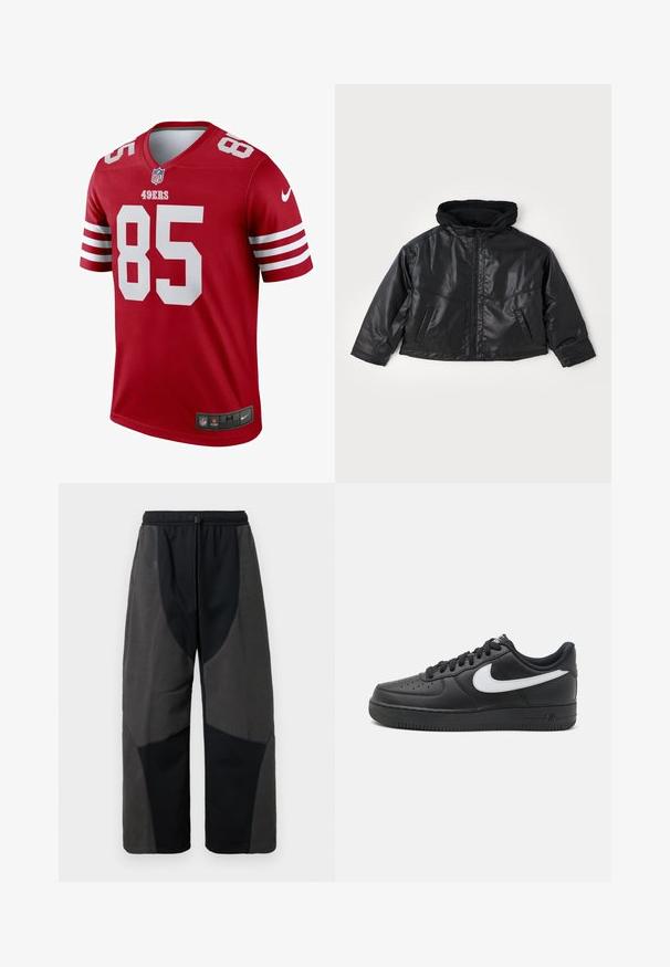 Juodas odinis švarkas su prigludusia kapuce, priekiniais užtrauktukais ir dviem šoninėmis kišenėmis. Savybė yra blizgus paviršius ir trumpas dizainas.; Raudona futbolo marškinė su baltais akcentais, trumpomis rankovėmis ir V formos iškirpte. Priklauso "49ERS" ir "85" dideliais baltais skaičiais. Nike logotipas apačioje.; Juodi kelnės su vilnoniu akcentu, laisvu kirpimu, su kontrastingomis tamsiai pilkomis medžiagos panelėmis ir reguliuojamu raišteliu juosmenyje.; Juodi Nike Air Force 1 sportbačiai su lygia odine viršutine dalimi, balta logotipo akcentu, perforuota nosimi ir tekstūruotu guminio pado.