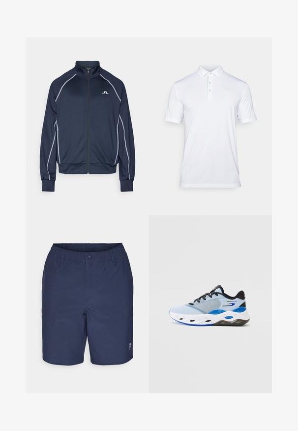 Mornarska jakna na zip s visokim ovratnikom. Ima svijetlosivu kontrastnu obrubu duž ramena i rukava. Mekana, glatka tekstura tkanine.; Bijela polo majica napravljena od glatke tkanine. Ima klasičan ovratnik, tri gumba i suptilan logo na lijevoj strani grudi. Kratki rukavi.; Tamnoplave kratke hlače izrađene od laganog materijala, s elastičnim pojasom, zatvaranjem na dugme, bočnim džepovima i malim detaljem logotipa.; Svijetloplava atletska cipela s mrežastim gornjim dijelom, crnim akcentima i bijelim točkicama na potplatu. Ima zaobljen oblik i crne vezice za sigurno prianjanje.