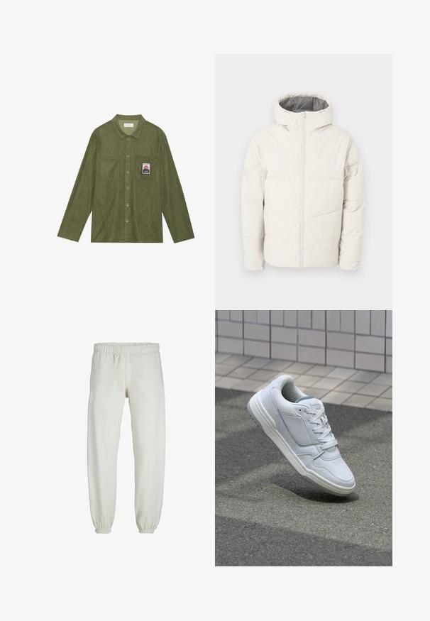 Pufová bunda ve světle béžové barvě s předním zipem a kapucí. Obsahuje vodorovné švy, měkkou strukturu a elastické manžety.; Olivově zelená kordová košile s dlouhými rukávy, s knoflíkovým zapínáním, dvěma náprsními kapsami a nášivkou s horským motivem na levé kapse.; Bílé tepláky vyrobené z měkkého materiálu, s elastickým pasem a manžetami, s hladkou texturou a volným střihem.; Bílé kožené tenisky s perforovanými stranami, texturovanými detaily, plochými tkaničkami a kontrastní šedou patou. Mají mírně zvýšenou podrážku.