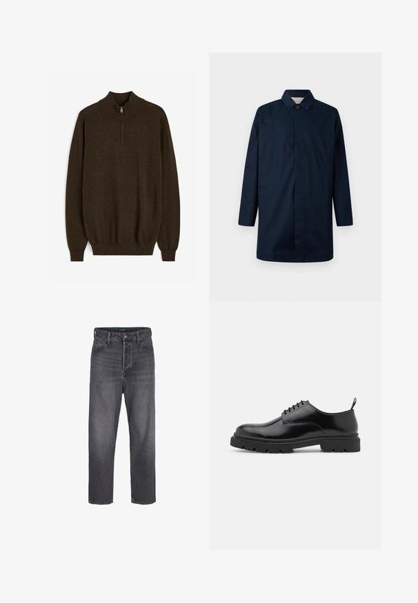 Marineblauwe lange jas met een kraag, sluiting met knopen aan de voorkant, twee zijzakken en een rechte snit, gemaakt van een gladde stof.; Bruine trui met hoge kraag, halve rits en geribde manchetten en zoom. Heeft een gladde, gebreide textuur.; Donkergrijze denim jeans met een rechte pijpzool, hoge taille, vijf zakken en lichte vervaging. Metalen knoop en ritsopening.; Zwarte leren veterschoenen met een ronde neus, gladde textuur en geribbelde rubberen zool. Heeft een kleine hak en een lus aan de achterkant.