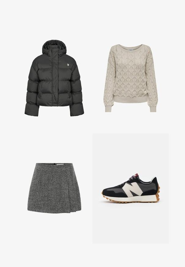 Juodas pūkinis švarkas su trumpu dizainu, turintis aukštą apykaklę ir sutrauktus rankogalvius. Kairėje pusėje esantis mažas logotipas. Lygus paviršius.; Šviesiai smėlio spalvos megztinis su geometriniu raštu, eilėmis baigtomis rankovėmis ir plačiu iškirpimu, suteikiantis tekstūruotą išvaizdą ir laisvą prigludimą.; Pilkas plisuotas sijonas, pagamintas iš tekstūruotos medžiagos su subtiliu raštu. Turi užpakalinį užtrauktuką ir pritaikytą liemenį.; Juoda ir pilka zomšinė sportinė avalynė su dideliu kreminiu "N" logotipu, violetinėmis raištelėmis ir tekstūruota gumos padu.